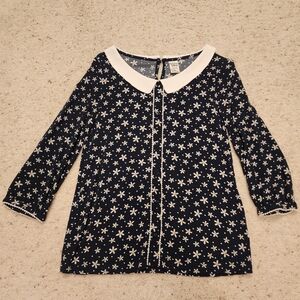 Navy Blue Blouse with White Floral Pattern